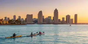 San Diego team building kayaking on the waterfront.