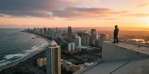 San Diego urban skyline and coast at sunset.