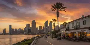 San Diego skyline with palm trees and waterfront walkway.