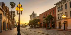 Gaslamp Quarter walking tour with vintage street lamps in San Diego.