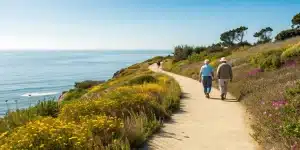 Seniors enjoying one of the best sightseeing tours in San Diego on a scenic coastal trail with ocean views.