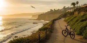 A private electric bike tour on a scenic La Jolla coastal path at sunset.
