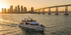 One of the best San Diego tours for VIPs on a luxury yacht cruising the bay at sunset.