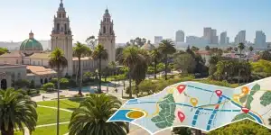 A corporate team on a scavenger hunt with the sunny San Diego skyline in the background.
