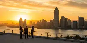 San Diego corporate group tour package with a team enjoying the city skyline at sunset.