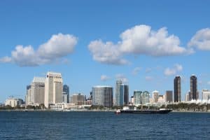 City skyline with blue sky and clouds